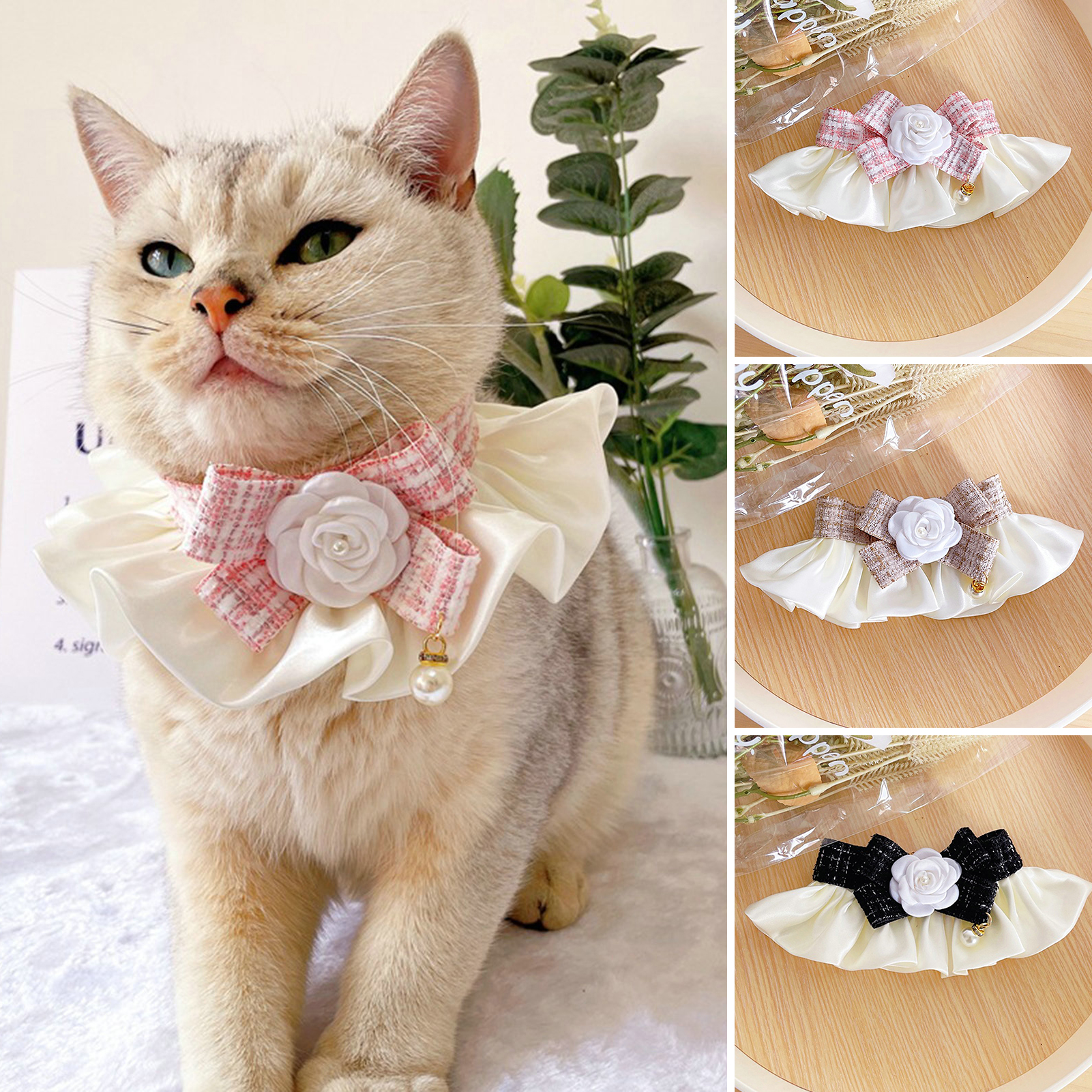 Wirlsweal Cat Collar Elegant Camellia Fake Pearl Decor Pleated Pet Cats  Dogs Bowknot Neckerchief for Daily Collocation 